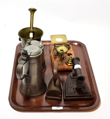 Lot 98 - A 19th century German pewter lidded jug and stein; a set of postal scales with weights; a...