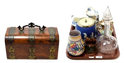 Lot 108 - A Victorian walnut tea caddy together with a cut glass decanter,  Derby cup and saucer, Poole...