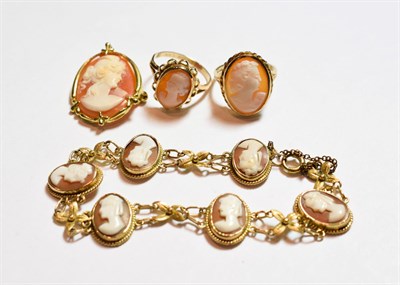 Lot 131 - Two 9 carat gold cameo rings, finger sizes O1/2 and Q; a cameo brooch/pendant, stamped '9CT'; a...