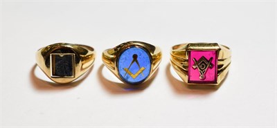 Lot 135 - Two 9 carat gold Masonic rings, finger sizes S1/2 and X; together with another Masonic ring stamped