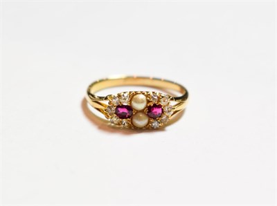 Lot 144 - A cultured pearl, ruby and diamond cluster ring, finger size Q; and a loose diamond