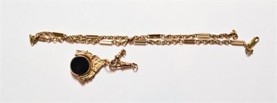 Lot 146 - A figaro link chain, stamped '9K', length 43cm; together with a 9 carat gold hardstone swivel fob