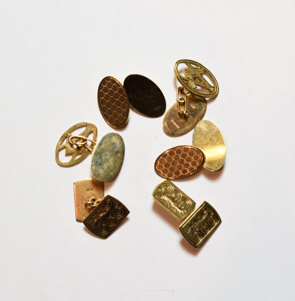 Lot 157 - Three pairs of 9 carat gold cufflinks
