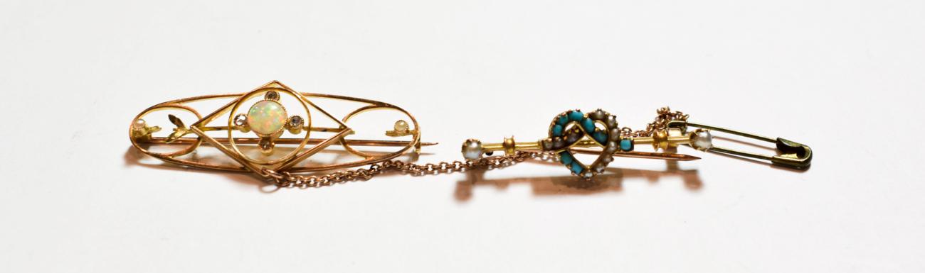 Lot 164 - A turquoise and pearl bar brooch, pin stamped '9C', length 3.5cm; and an opal and diamond...