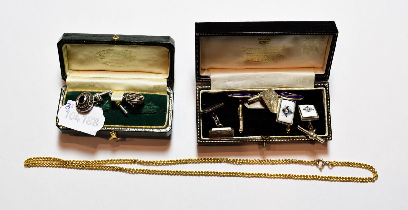 Lot 167 - A pair of 9 carat gold Masonic cufflinks; three other pairs of cufflinks; and a curb link...