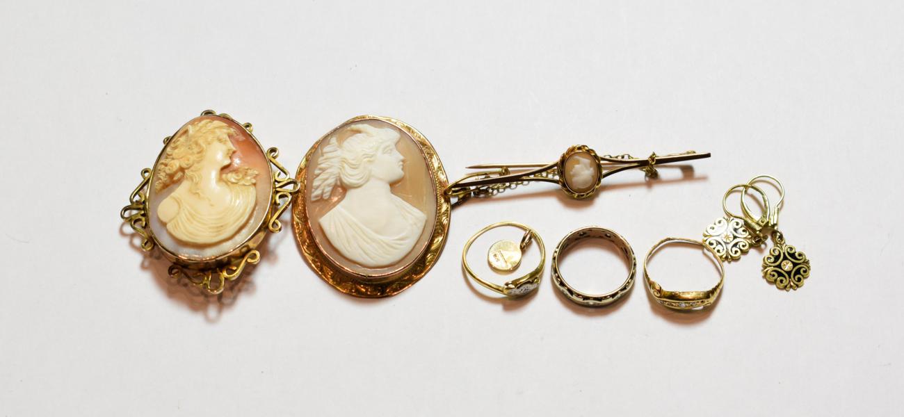 Lot 170 - Two Victorian cameo brooches, stamped '9CT'; a cameo bar brooch, stamped '9CT', length 6.4cm; a...