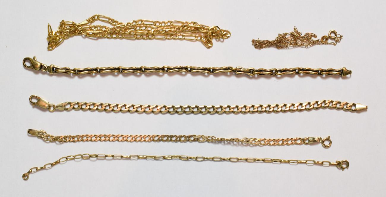 Lot 183 - A 9 carat gold curb link bracelet, length 20.5cm; three further 9 carat gold fancy link...