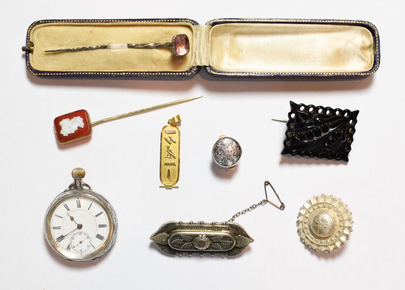 Lot 192 - A foiled back tie pin; two silver brooches; a fob watch; a hieroglyph pendant hallmarked 10ct;...