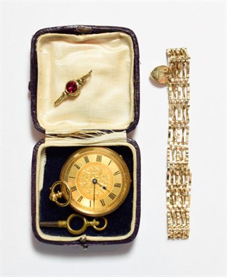 Lot 197 - A 9 carat gold gate link bracelet (a.f.), fob watch and two watch keys