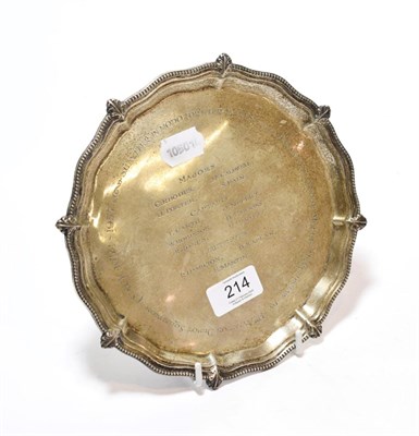 Lot 214 - A George V silver waiter, by Mappin and Webb, Sheffield, 1922, shaped circular and with bead...