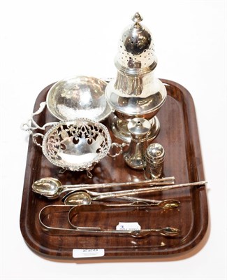 Lot 228 - A collection of silver, comprising: a George sugar-caster, by Edward Barnard & Sons Ltd.,...