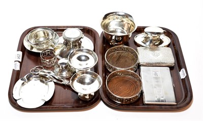 Lot 234 - A mixed lot of silver and silver plate, including: three differing capstan-form inkwells, one...