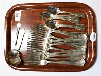 Lot 259 - A quantity of silver flatware, comprising: four Old English Thread pattern table-forks,...