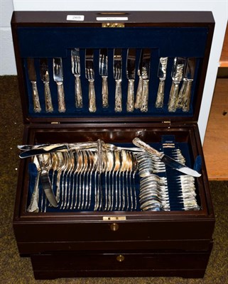 Lot 265 - Silver-plated Kings pattern flatware for approximately twenty-four place settings, housed in...