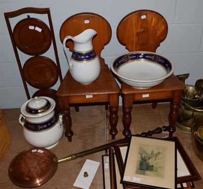 Lot 318 - A three piece gilt highlighted ceramic wash set; seven signed prints; two 19th century hall chairs