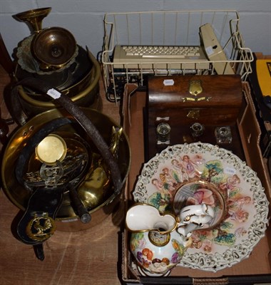 Lot 319 - A selection of brass items including: jam pan; horse brasses; candlesticks; inkwell stationary box