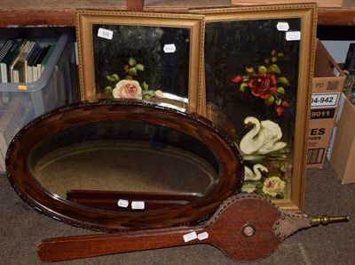 Lot 332 - A pair of swan decorated mirrors; an oval mirror; and a set of bellows (4)