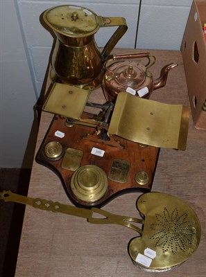 Lot 335 - A set of Shaw & Sons brass postal scales; together with a brass jug, copper kettle, and brass...