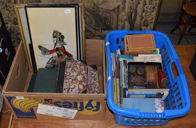 Lot 347 - Two Japanese masks, seals, books, framed puppets etc (two boxes)