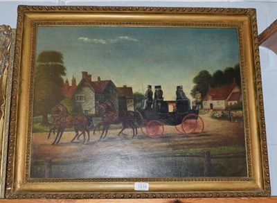 Lot 1016 - British School (19th century) Naive village scene with a stagecoach, oil on canvas, 44.5cm by...