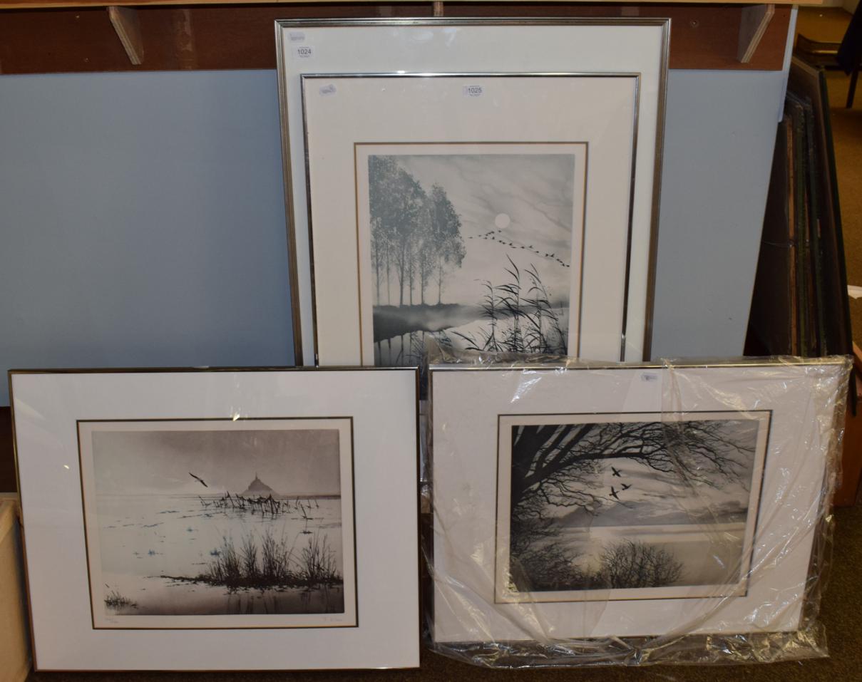 Lot 1025 - Three modern framed limited edition prints by France Hilon, of tranquil lake scenes, all signed...