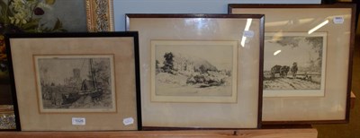Lot 1026 - Hugh Paton, Boat yard, signed etching; together with two further signed etchings (3)