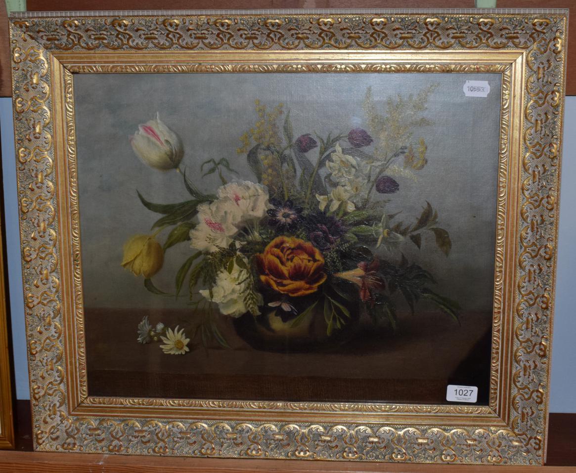 Lot 1027 - British School (19th century) Still life of flowers in a vase, signed and dated 1885, oil on...
