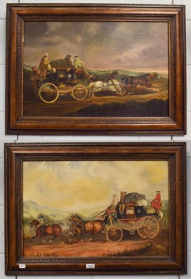 Lot 1036 - British School, A pair of naive coaching scenes with a stagecoach, one the Exeter to London...