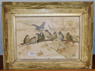 Lot 1044 - British School (19th century) A group of birds on a branch, painting on glass, initialled TMA...