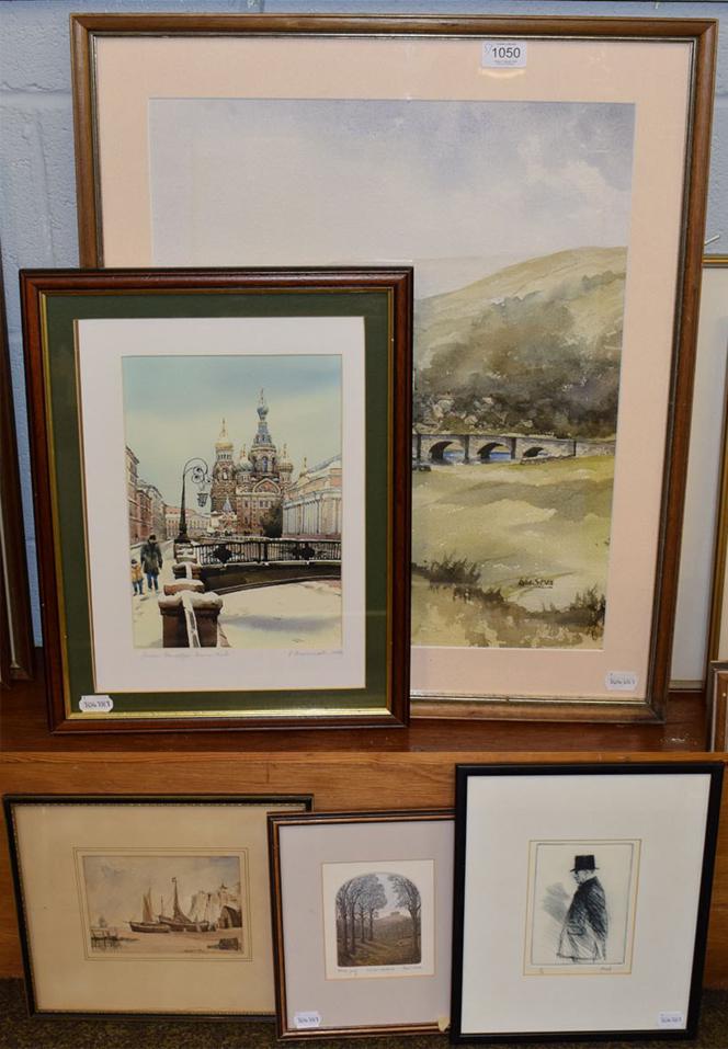 Lot 1050 - John Sibson (Contemporary) Northern rural town with bridge, signed watercolour; together with after