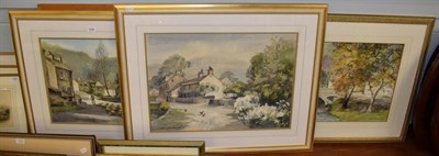 Lot 1056 - Sam Chadwick (1902-1992) Shepherd and flock before The Red Lion Inn, signed watercolour;...