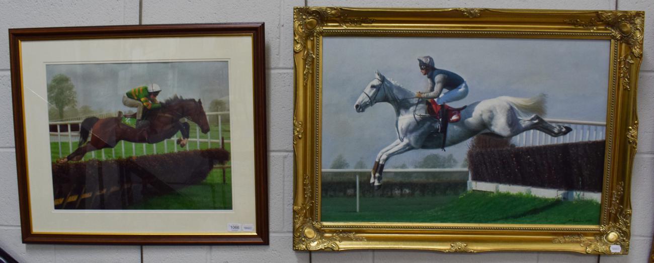 Lot 1066 - M. Speight (Contemporary) Desert Orchid clearing a fence, signed oil on canvas; together with a...