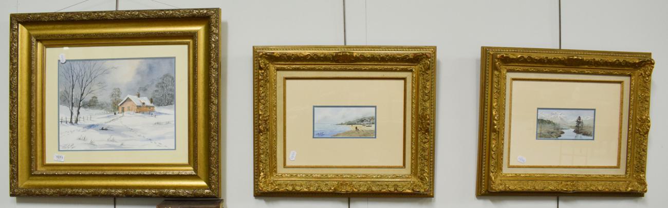 Lot 1071 - Digby Page, Figures strolling down the beach, signed watercolour; together with mountainous...
