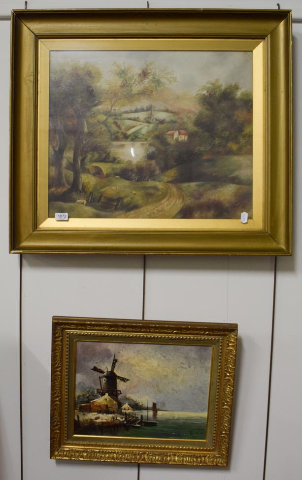 Lot 1072 - E.E Mevis, Landscape study with figures and sheep, signed and dated 1914, oil on canvas;...