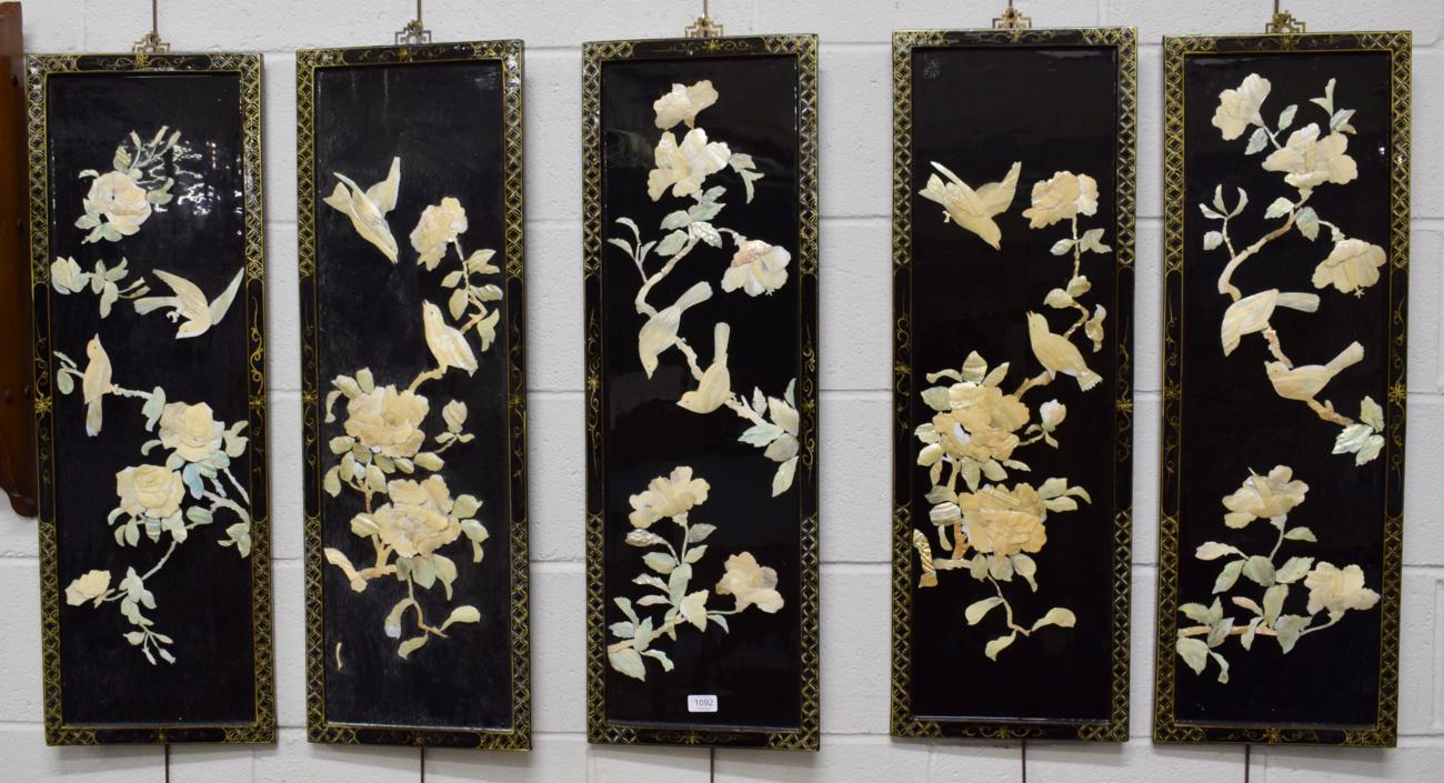 Lot 1092 - A set of five 20th century Chinese panels decorated with birds