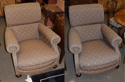 Lot 1112 - A pair of mahogany framed tub armchairs upholstered in diamond design fabric