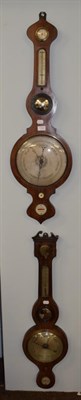 Lot 1143 - Two Victorian mahogany wheel barometers, the onion shaped pediment barometer with the spirit...