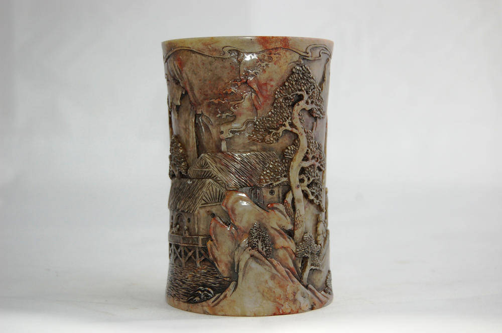 Lot 249 - A Chinese Carved Soapstone Small Brush Pot, 19th/20th century, of slightly waisted cylindrical...