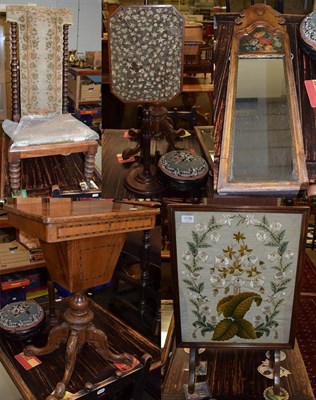 Lot 1170 - A Victorian walnut work table; a Victorian bead work footstool; a 19th century pole screen; a...