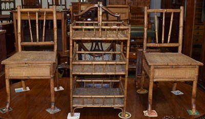 Lot 1183 - A pair of Victorian bamboo chairs; and a three tier bamboo whatnot (3)