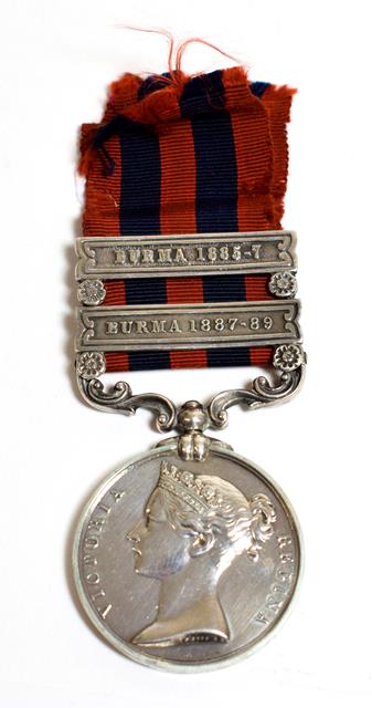 Lot 2019 - An India General Service Medal 1854-95, with two clasps BURMA 1885-7 and BURMA 1887-89, awarded...