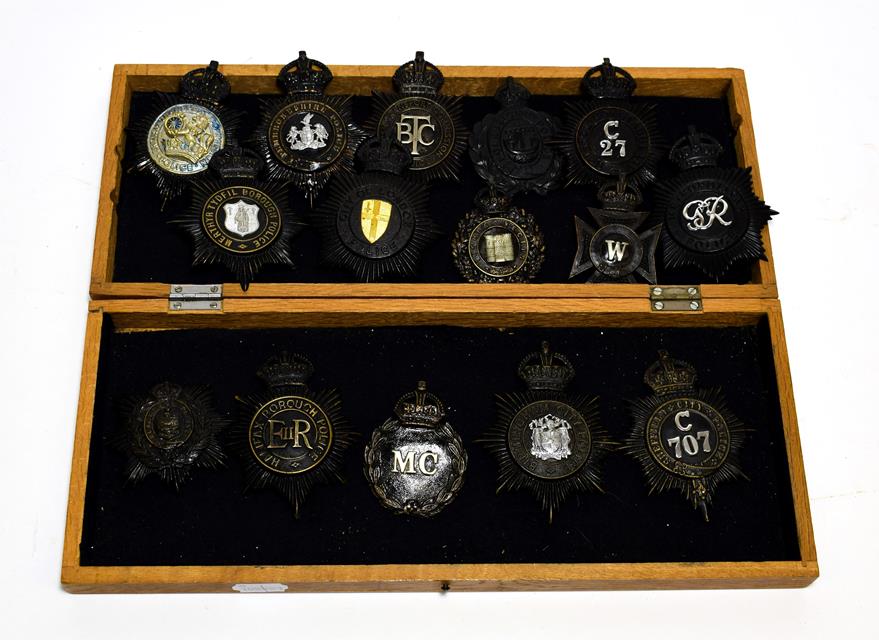 Lot 2074 - A Collection of Fourteen Pre-1953 British Police Night Helmet Plates, in two piece blackened brass