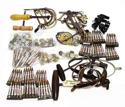 Lot 2095 - Militaria, including an H.Heynolds key, two pairs of spurs, a boot hook, railway and police...