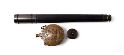 Lot 2116 - A 1 1/2'' Brass Single Draw Telescope, with anti-flare hood, pull-off lens cover, leather...