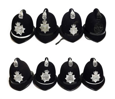 Lot 2130 - Six Elizabeth II Police Custodian Coxcomb Helmets, with chrome coxcombs and helmet plates to:- West