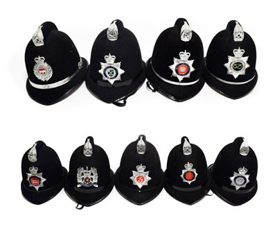 Lot 2131 - Nine Elizabeth II Police Custodian Coxcomb Helmets, with chrome coxcombs and enamelled chrome...