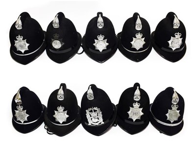 Lot 2132 - Nine Elizabeth II Police Custodian Coxcomb Helmets, with chrome coxcombs and helmet plates to:-...