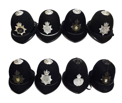 Lot 2134 - Four Pre-1953 Police Custodian Rose Top Helmets, two with blackened helmet plates and chrome...