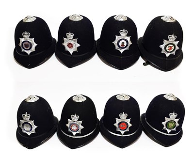 Lot 2135 - Eight Elizabeth II Police Custodian Rose Top Helmets, with chrome and enamel helmet plates to:-...