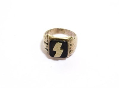 Lot 2172 - A German SS Signet Ring, in silver coloured metal with black composition panel set with a...